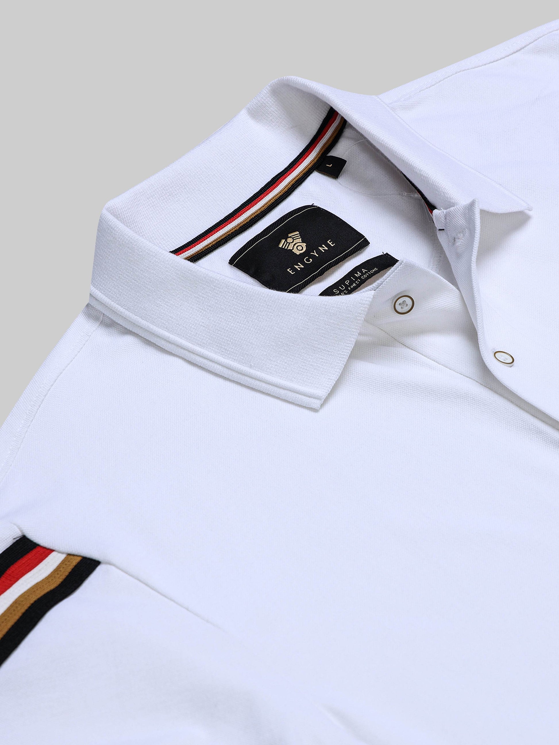 Rougen Cotton Lycra with Engyne Signature Flag Tape Sleeve and Speed-Breaker Textured Collar White Polo - ENGYNE