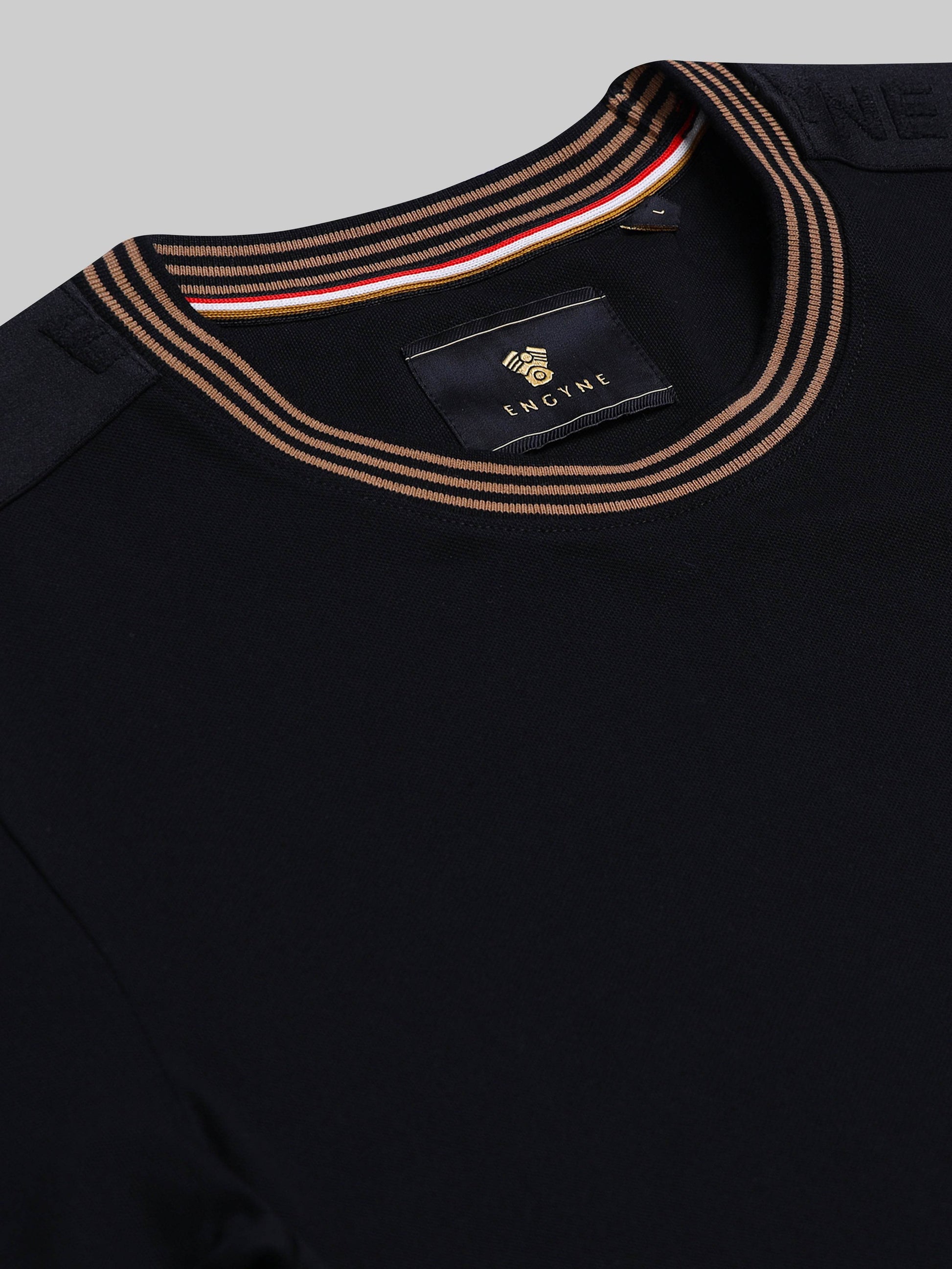 Rougen Cotton Lycra with Woven Shoulder Tape and Contrast Neck Rib Black T-shirt - ENGYNE