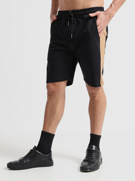 Contrast Cut & Sew Loop Knit Black Shorts For Men