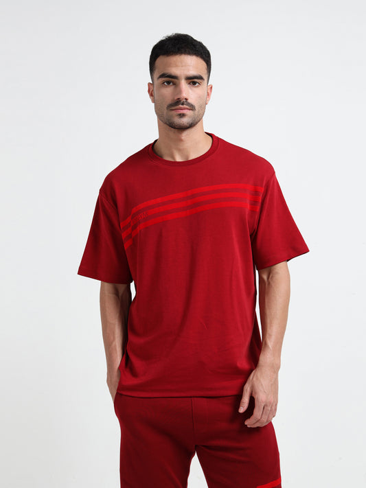 Oversize Flock Stripe Print Dark Red T Shirt For Men