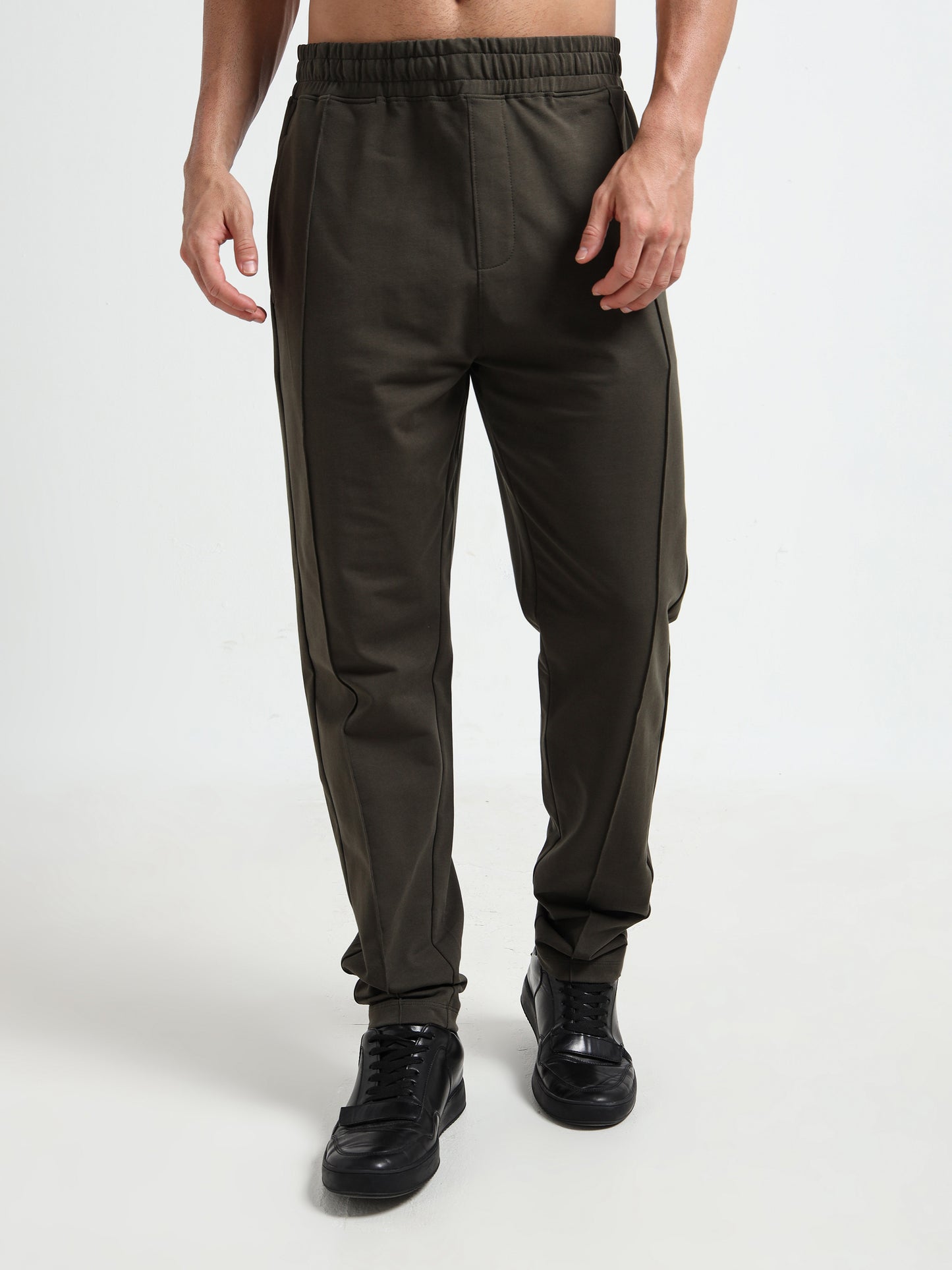 Olive Mens Track Pants with Center Pin Tuck element