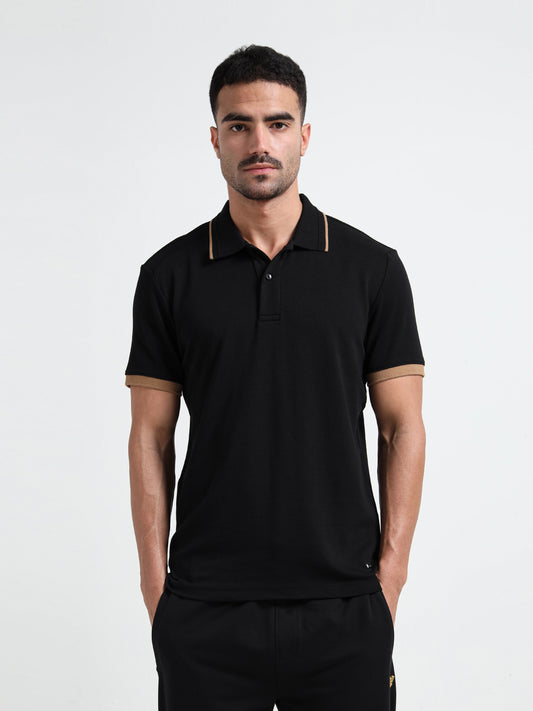 Supima Cotton Lycra Tonal Shoulder Black Polo Tshirts