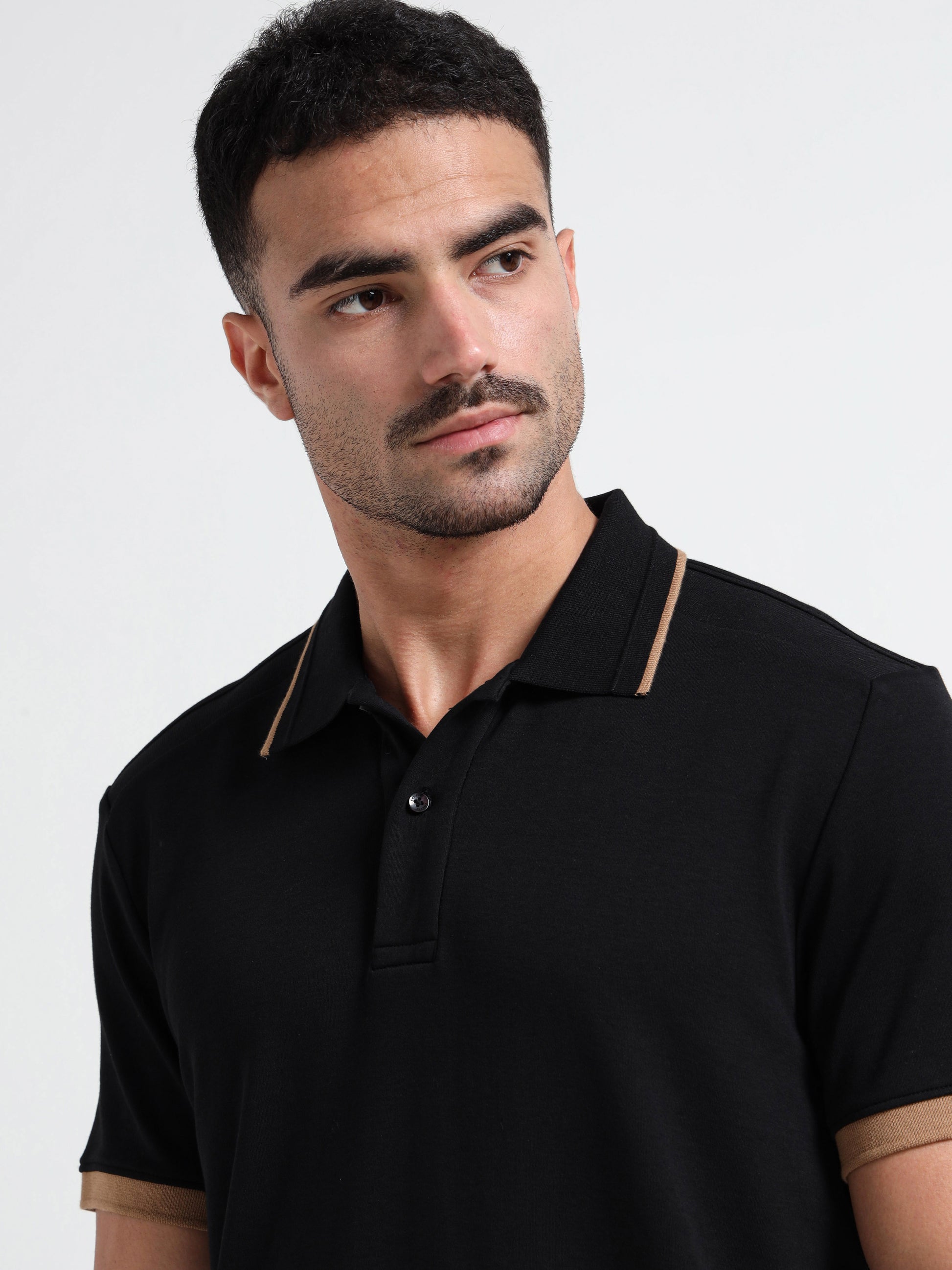 Supima Cotton Lycra Tonal Shoulder Black Polo Tshirts