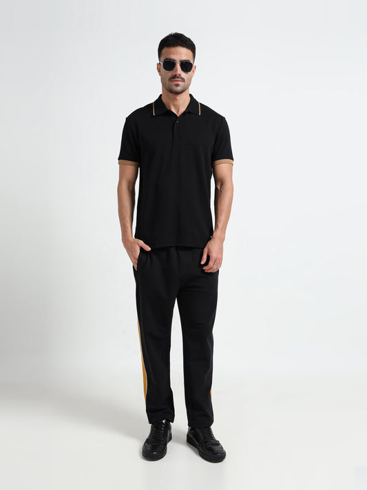 Supima Cotton Lycra Tonal Shoulder Black Polo Tshirts