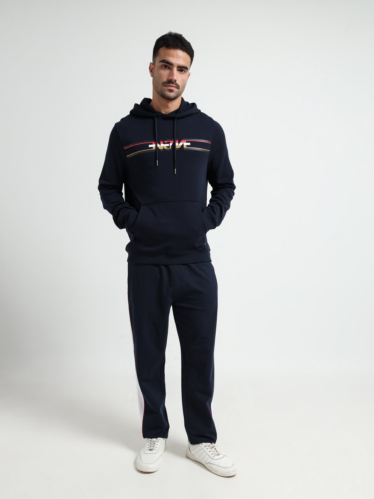 Contrast Cut & Sew Loop Knit Navy Blue Track Pants