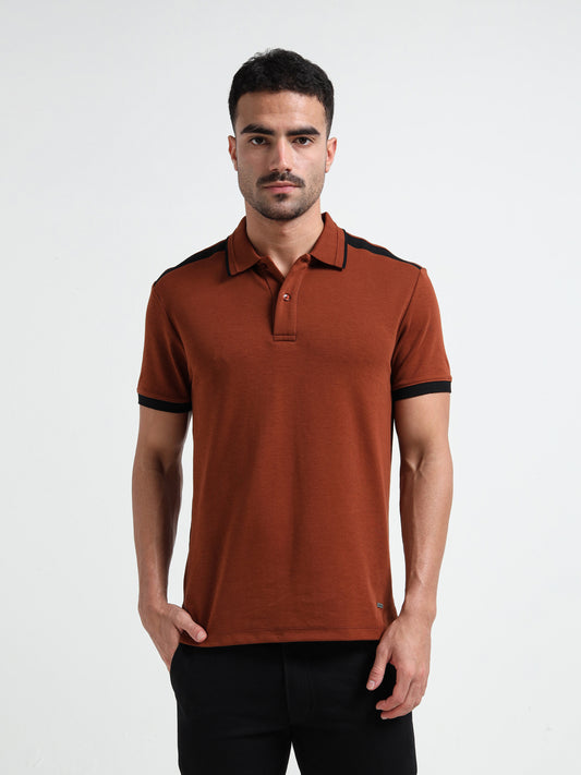 Contrast Shoulder Speed Breaker Collar Brown Polo Shirt