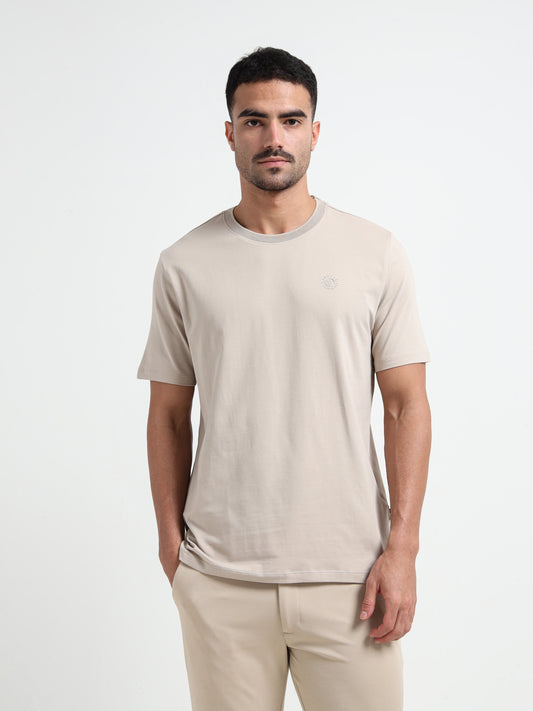 Textured Neck Rib Sand Regular Fit T Shirt