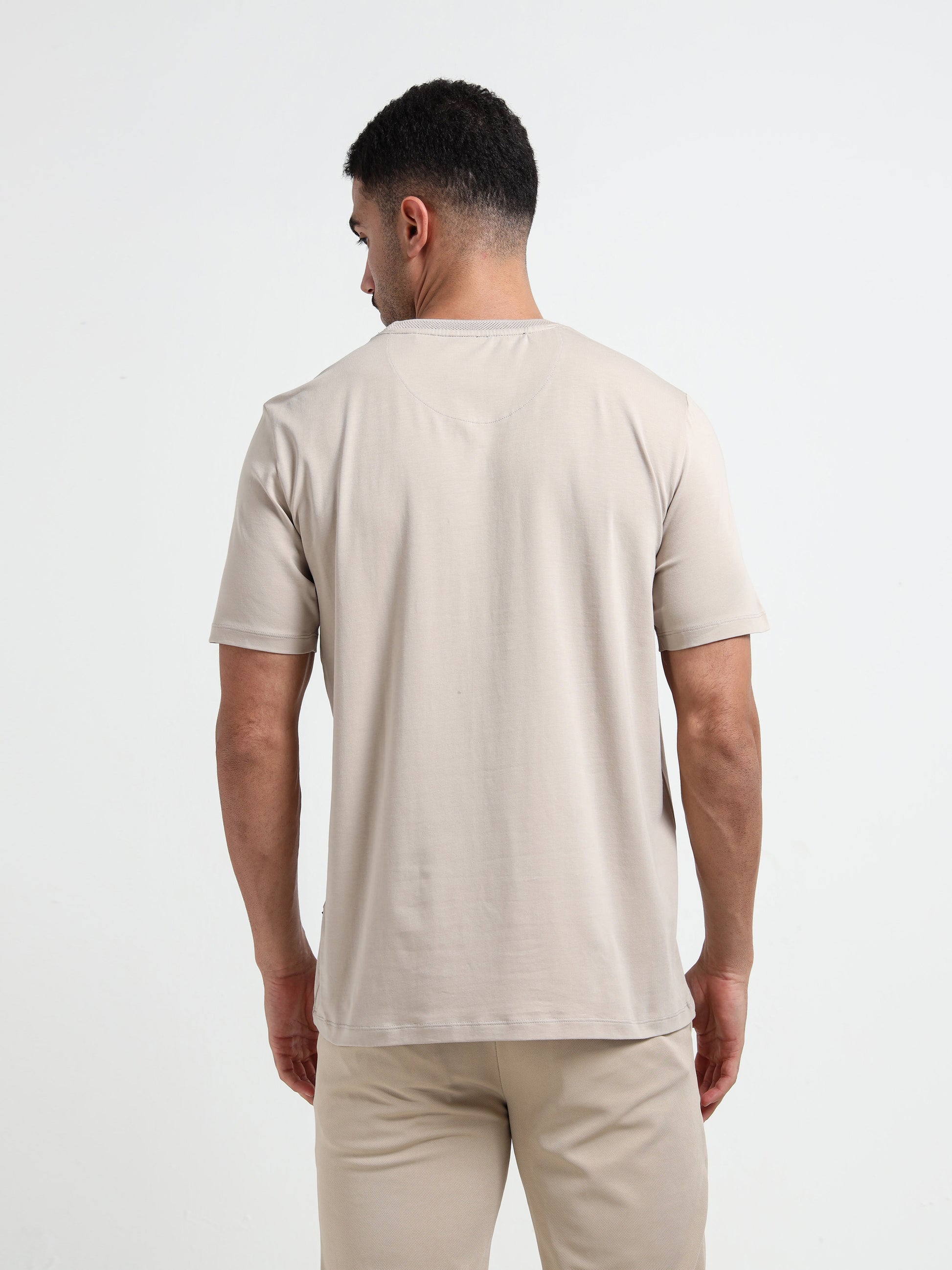 Textured Neck Rib Sand Regular Fit T Shirt