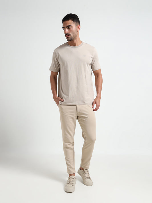 Textured Neck Rib Sand Regular Fit T Shirt