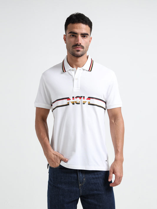 Flag Tipped with Sticker Print White Polo Shirt for Men