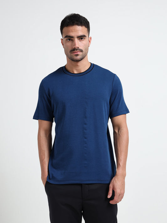 Dark Blue HD Print T Shirt with Flat-Knit Neck Rib