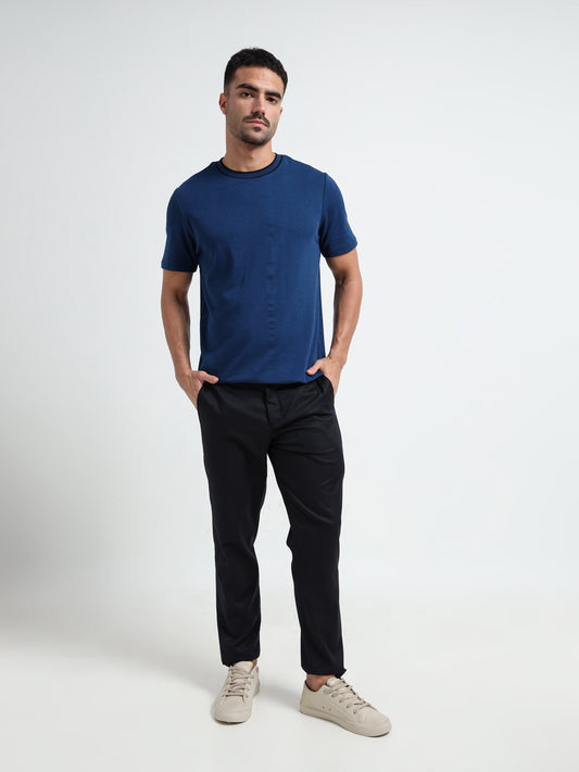 Dark Blue HD Print T Shirt with Flat-Knit Neck Rib