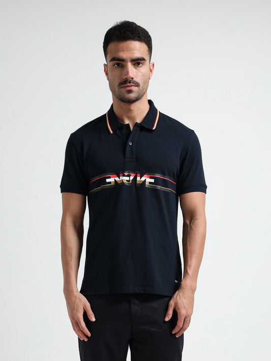 Engyne Supima Cotton Lycra Pique Polo – Signature Flag Tipped with Sticker Print Navy