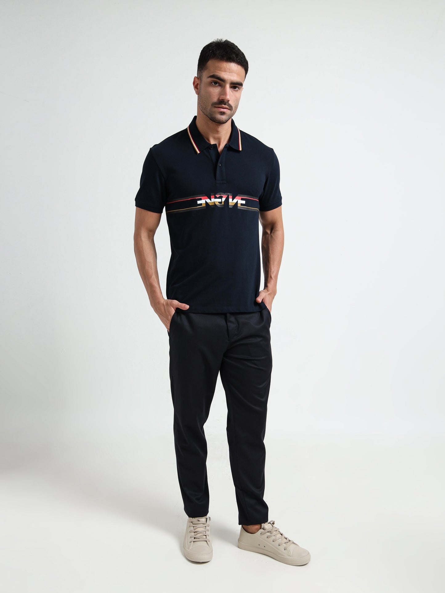 Engyne Supima Cotton Lycra Pique Polo – Signature Flag Tipped with Sticker Print Navy