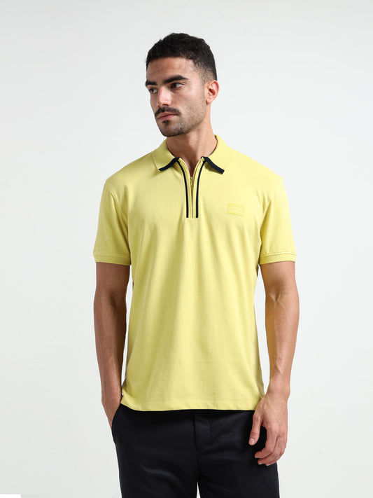 Supima Cotton Lycra  Neon Green Zip Polo Shirt for Men
