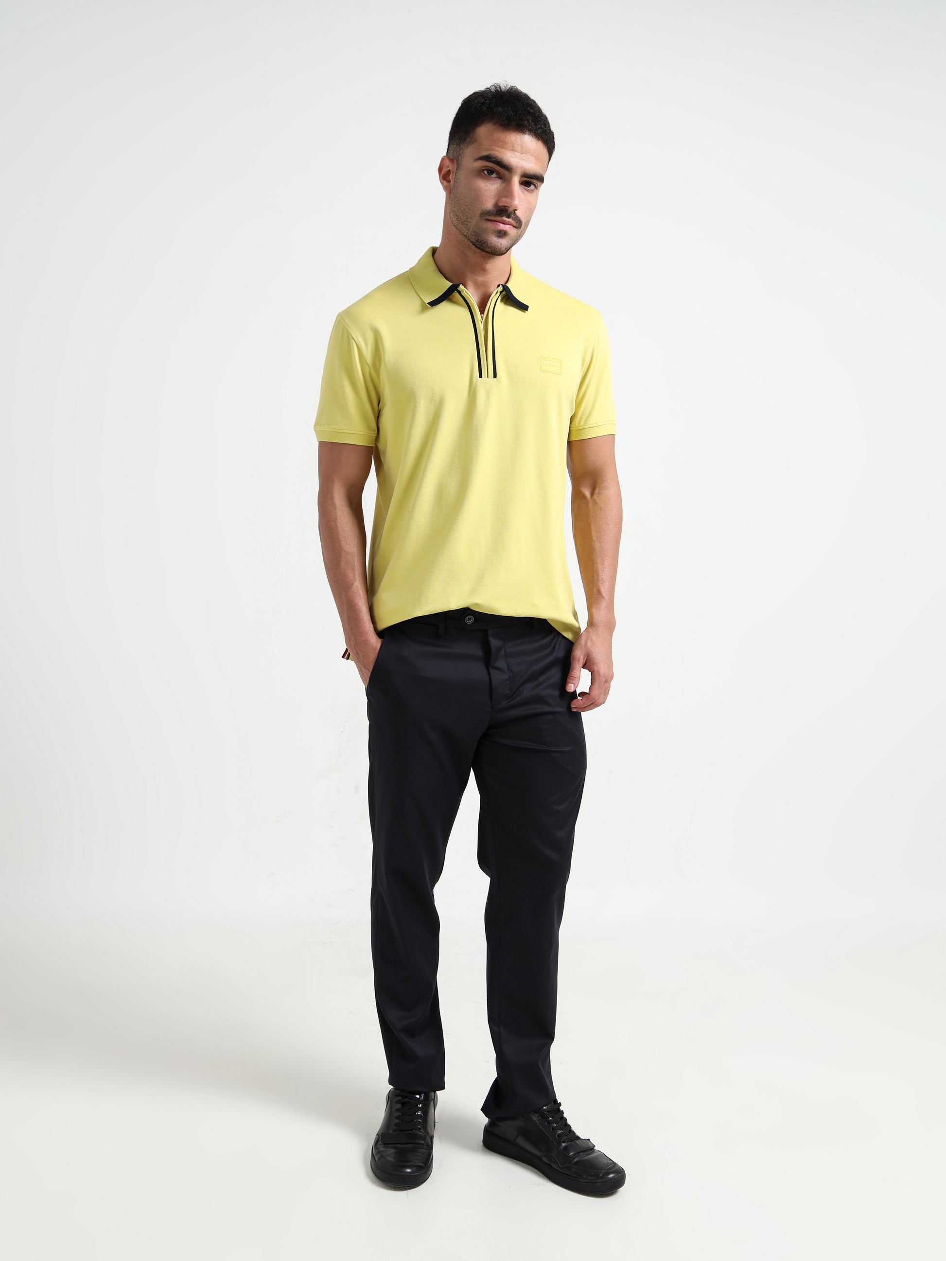 Supima Cotton Lycra  Neon Green Zip Polo Shirt for Men
