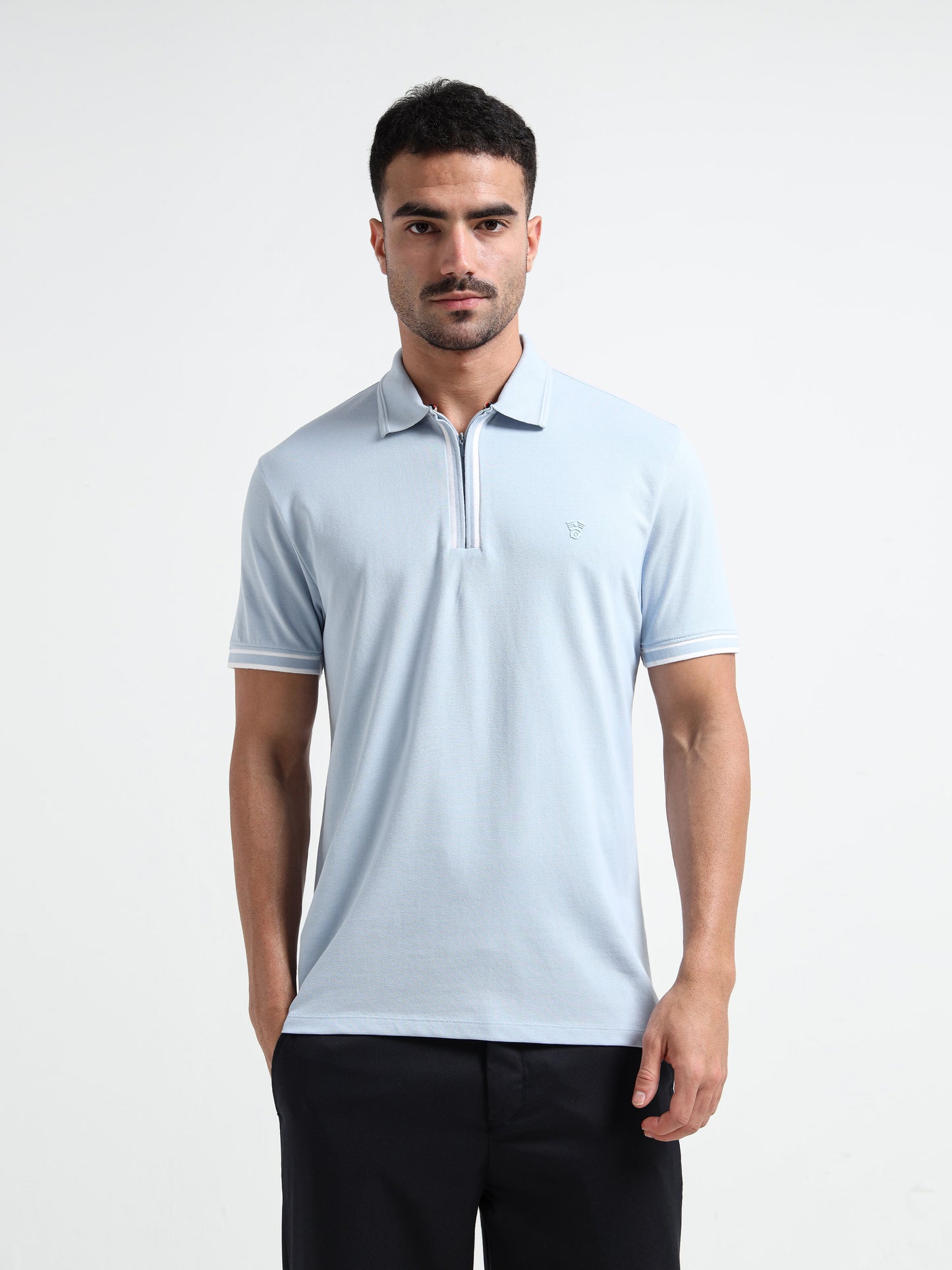 Light Blue Rougen Piqué Polo Zip Shirt for Men