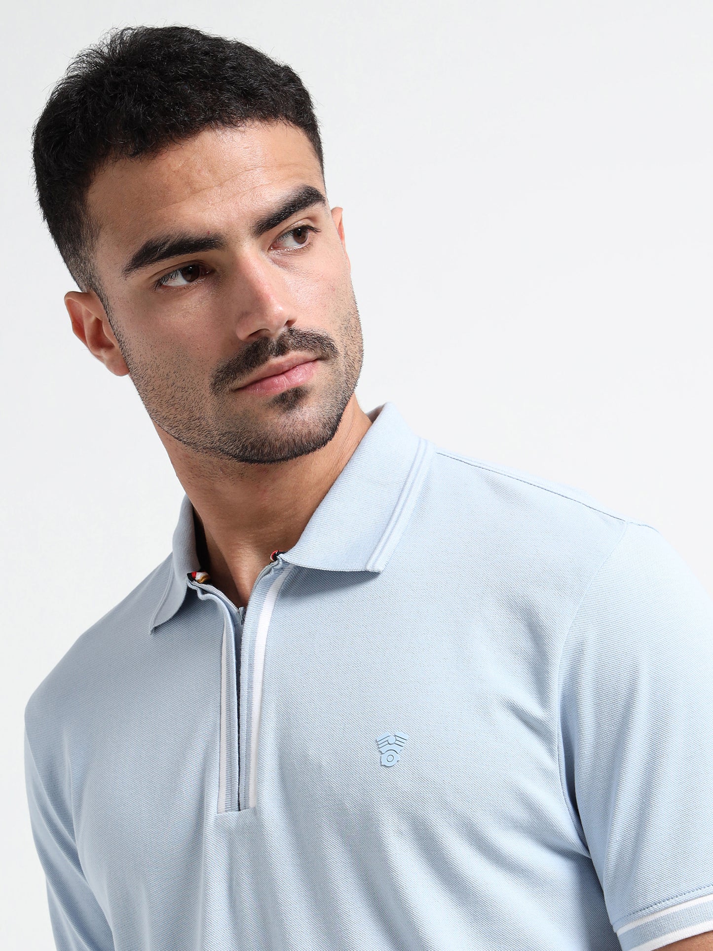 Light Blue Rougen Piqué Polo Zip Shirt for Men
