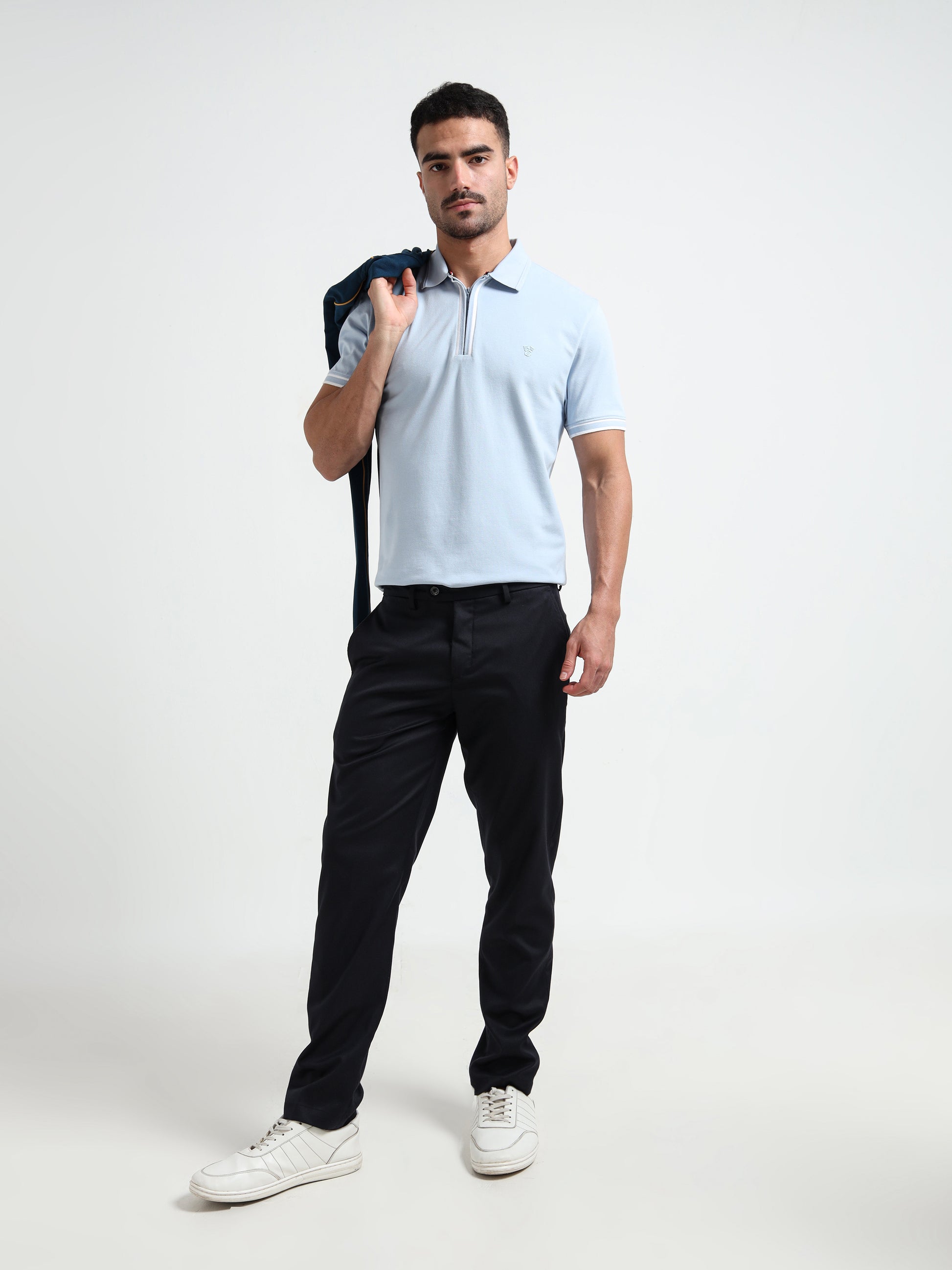 Light Blue Rougen Piqué Polo Zip Shirt for Men