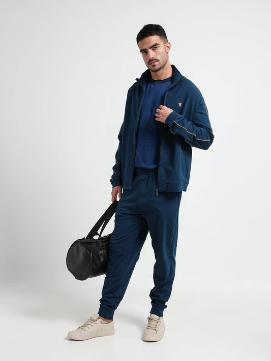 Regular-Fit Rougen Cotton Elastane Loop Knit Jogger with Back Cut-and-Sew Teal - ENGYNE