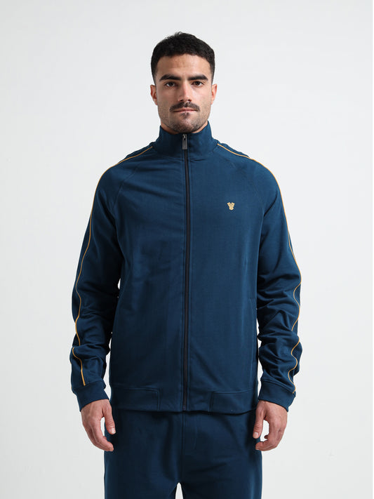 High Neck Contrast Corded Piping Teal Zipper Sweatshirt