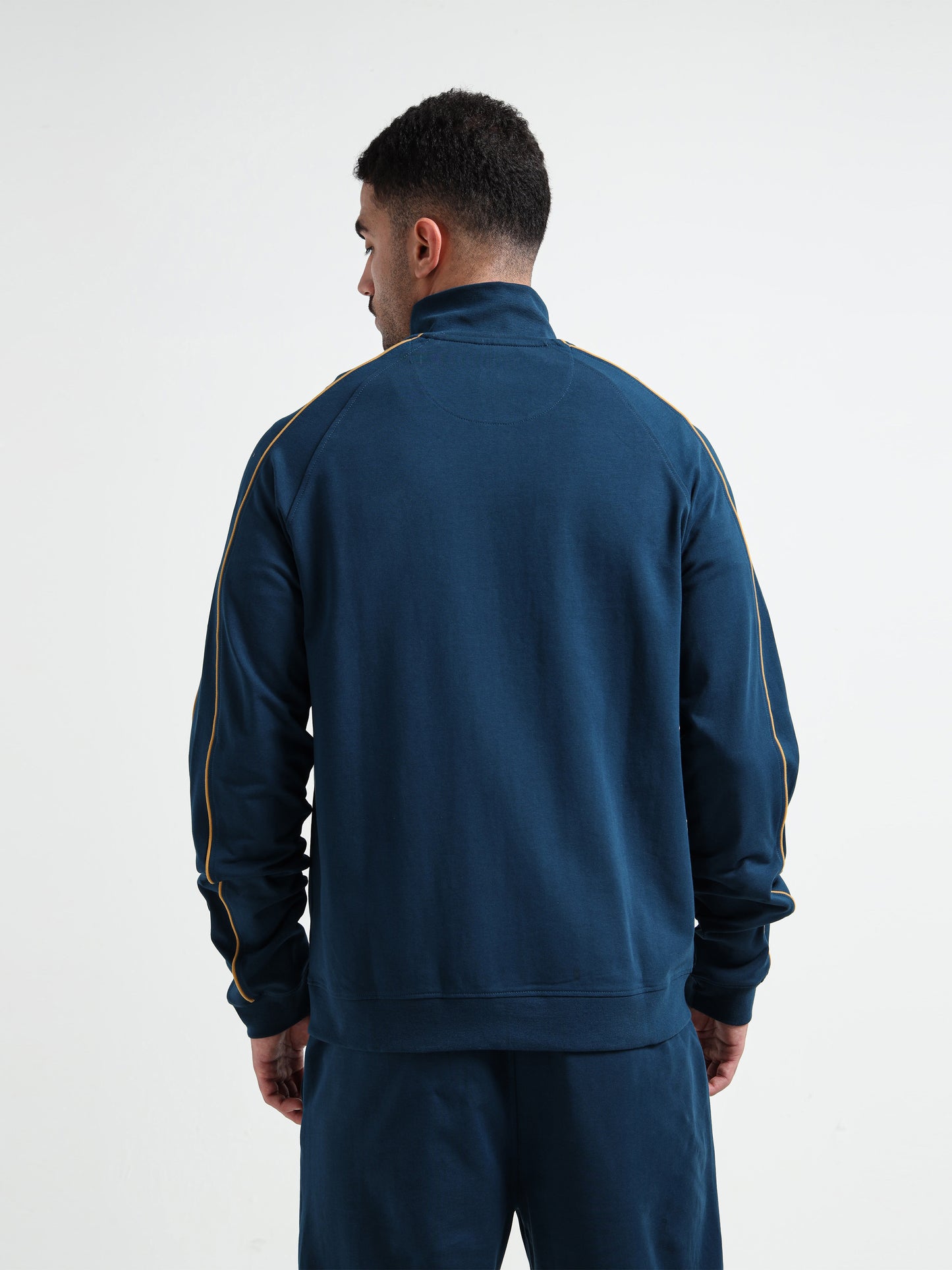 High Neck Contrast Corded Piping Teal Zipper Sweatshirt