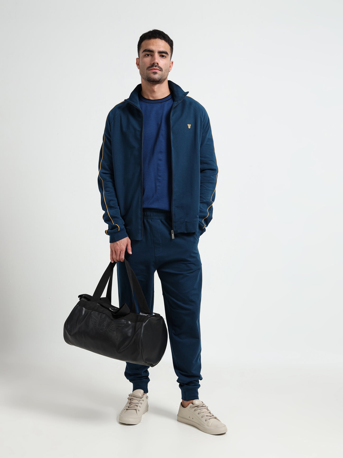 High Neck Contrast Corded Piping Teal Zipper Sweatshirt