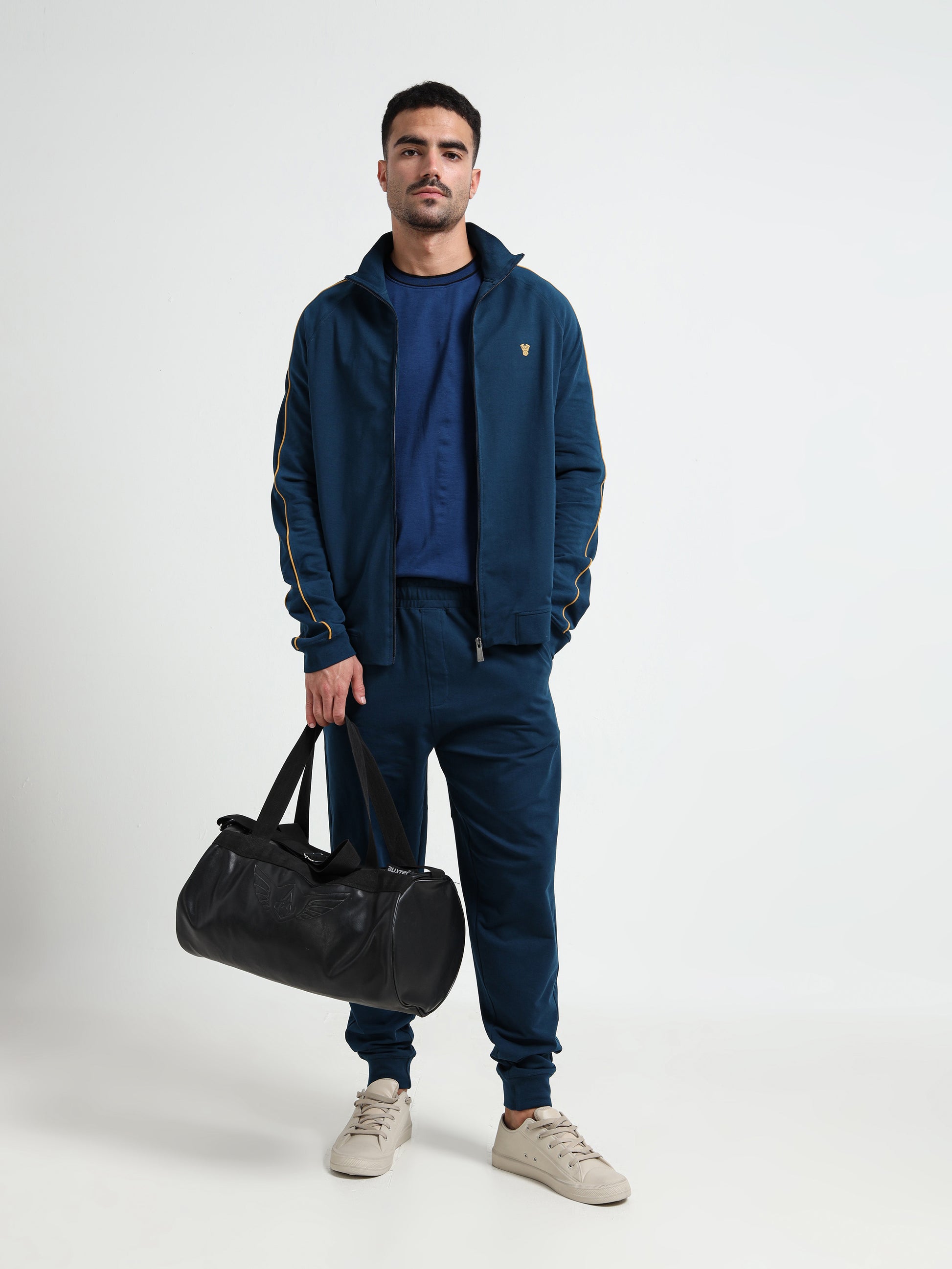 High Neck Contrast Corded Piping Teal Zipper Sweatshirt