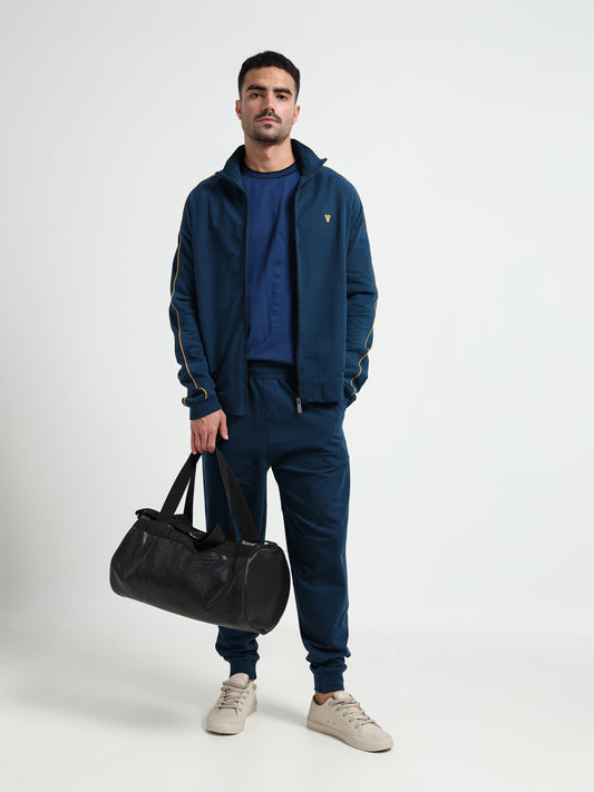 High Neck Contrast Corded Piping Teal Zipper Sweatshirt