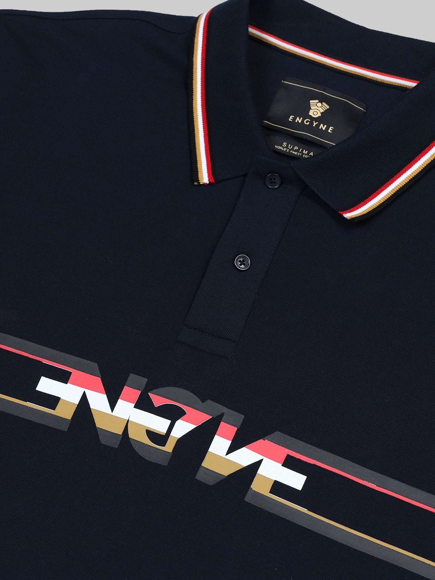 Engyne Supima Cotton Lycra Pique Polo – Signature Flag Tipped with Sticker Print Navy
