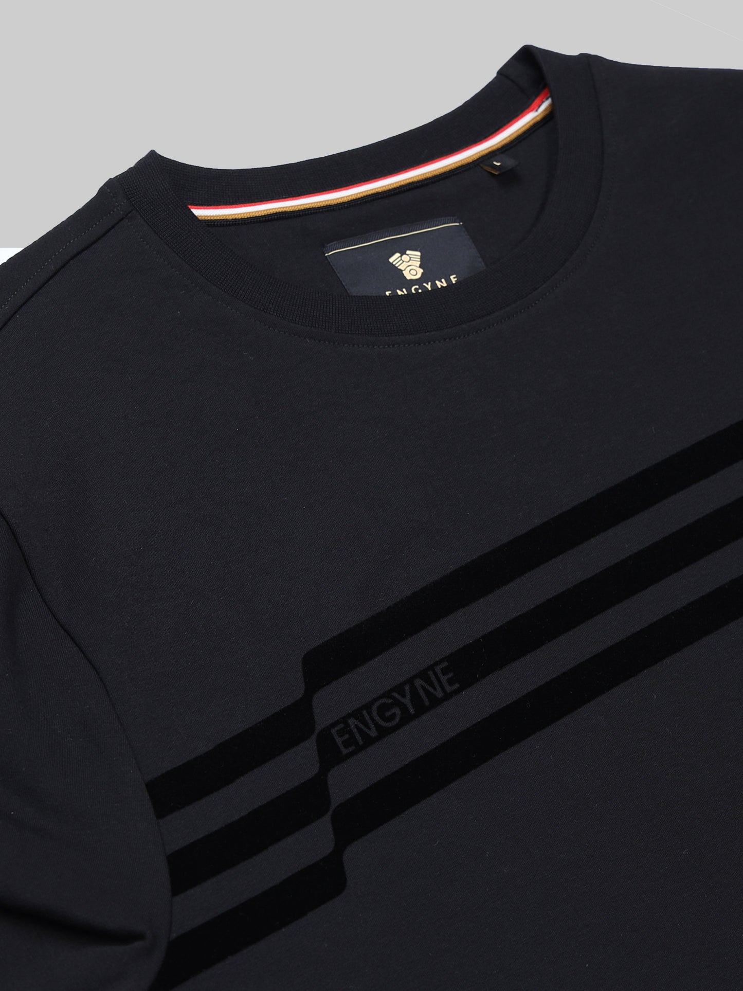 Engyne Oversize Flock Stripe Print T-Shirt in Supima Cotton Flag Waving Edition Black