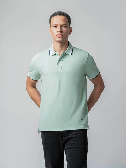 Bird's-Eye Texture Light Green Polo T Shirt For Men