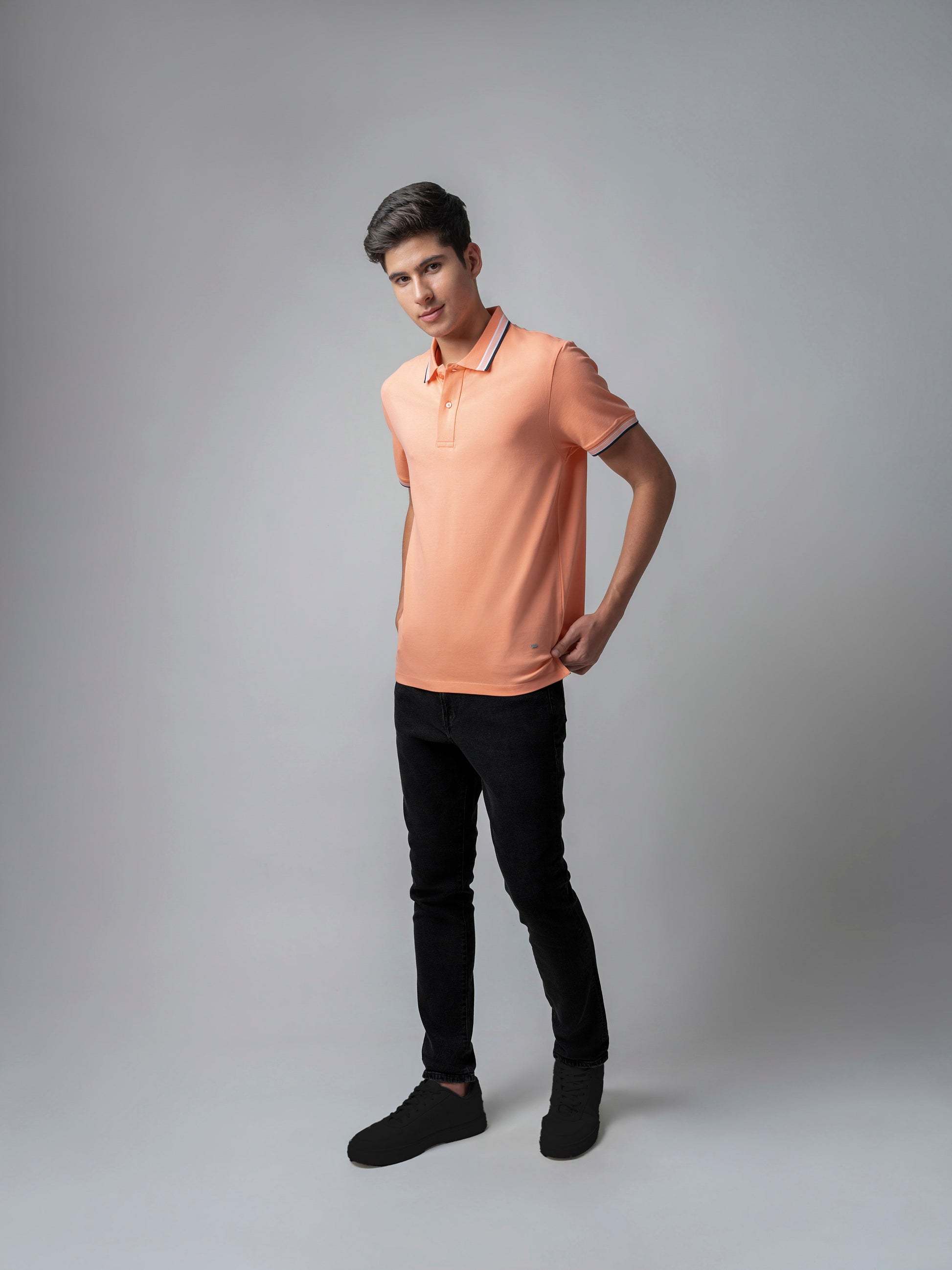 Engyne Bird's-Eye Texture Orange Polo T Shirt For Men