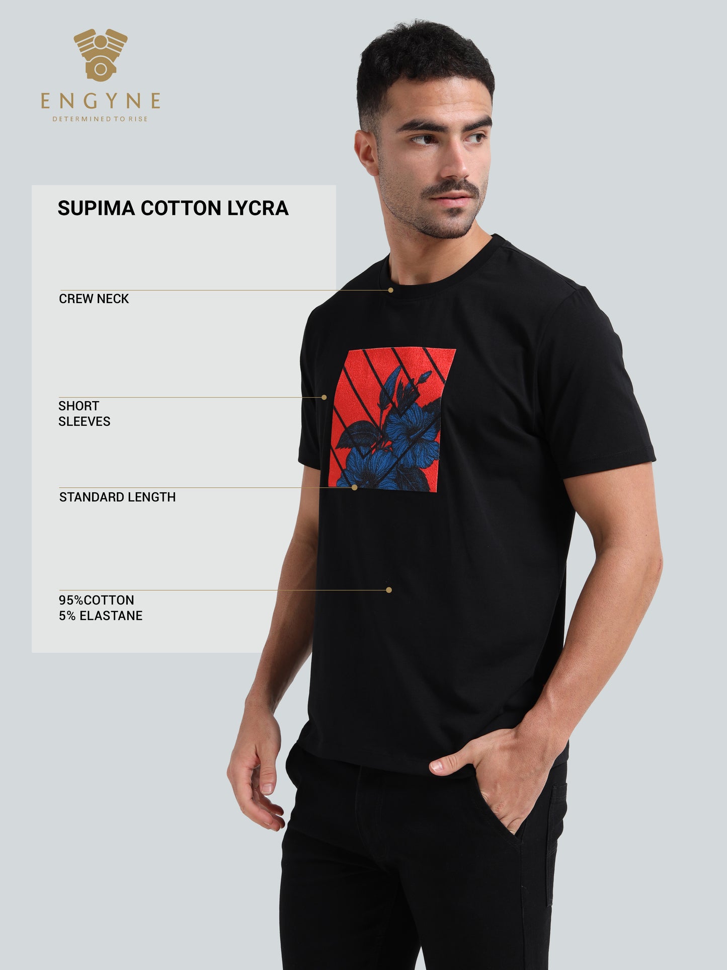 Regular-fit Engyne T-shirt in Supima Cotton Lycra with Digital Flock Print Black