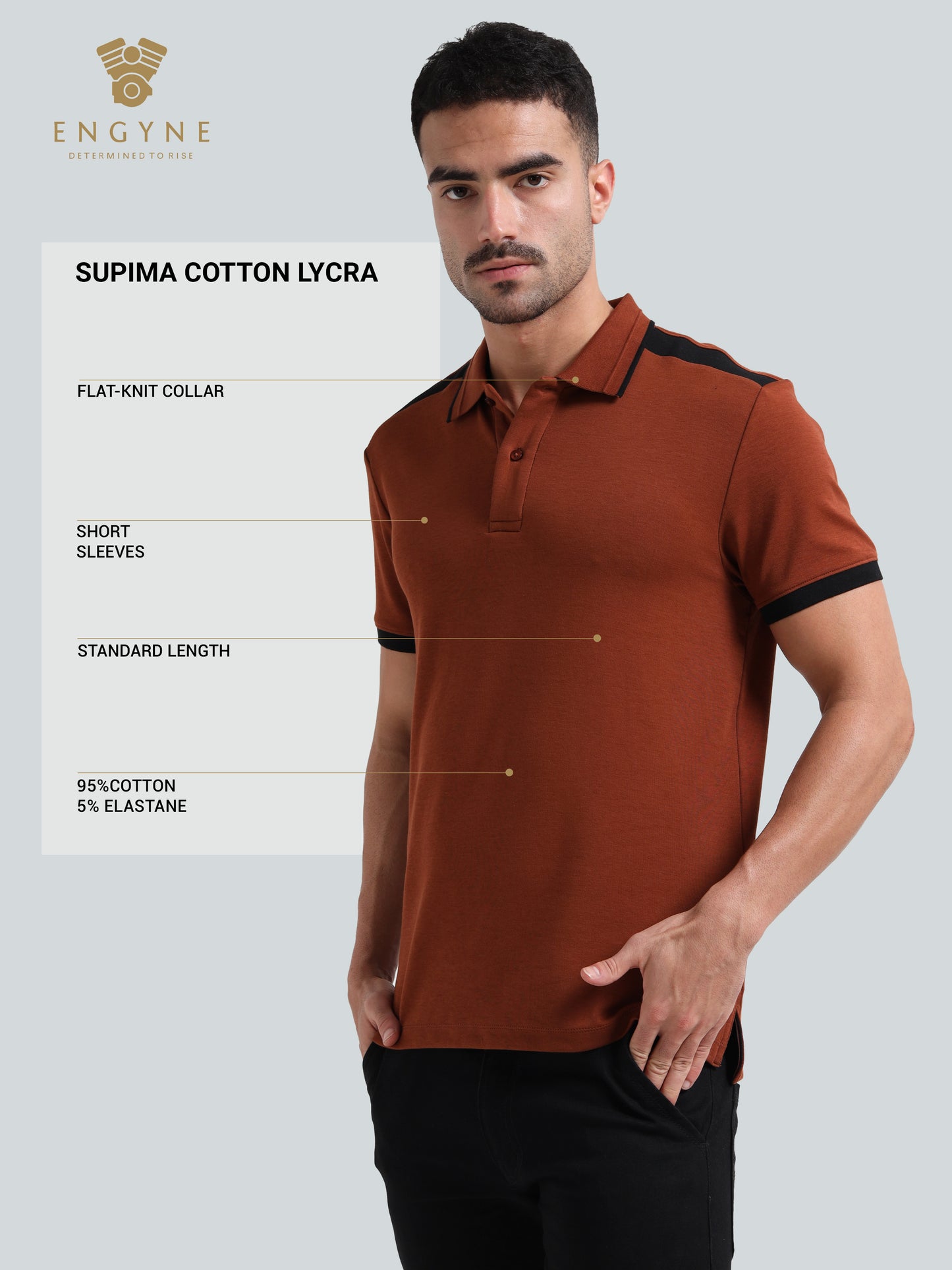 Engyne Supima Cotton Lycra Polo – Contrast Shoulder with Speed Breaker Collar Brown