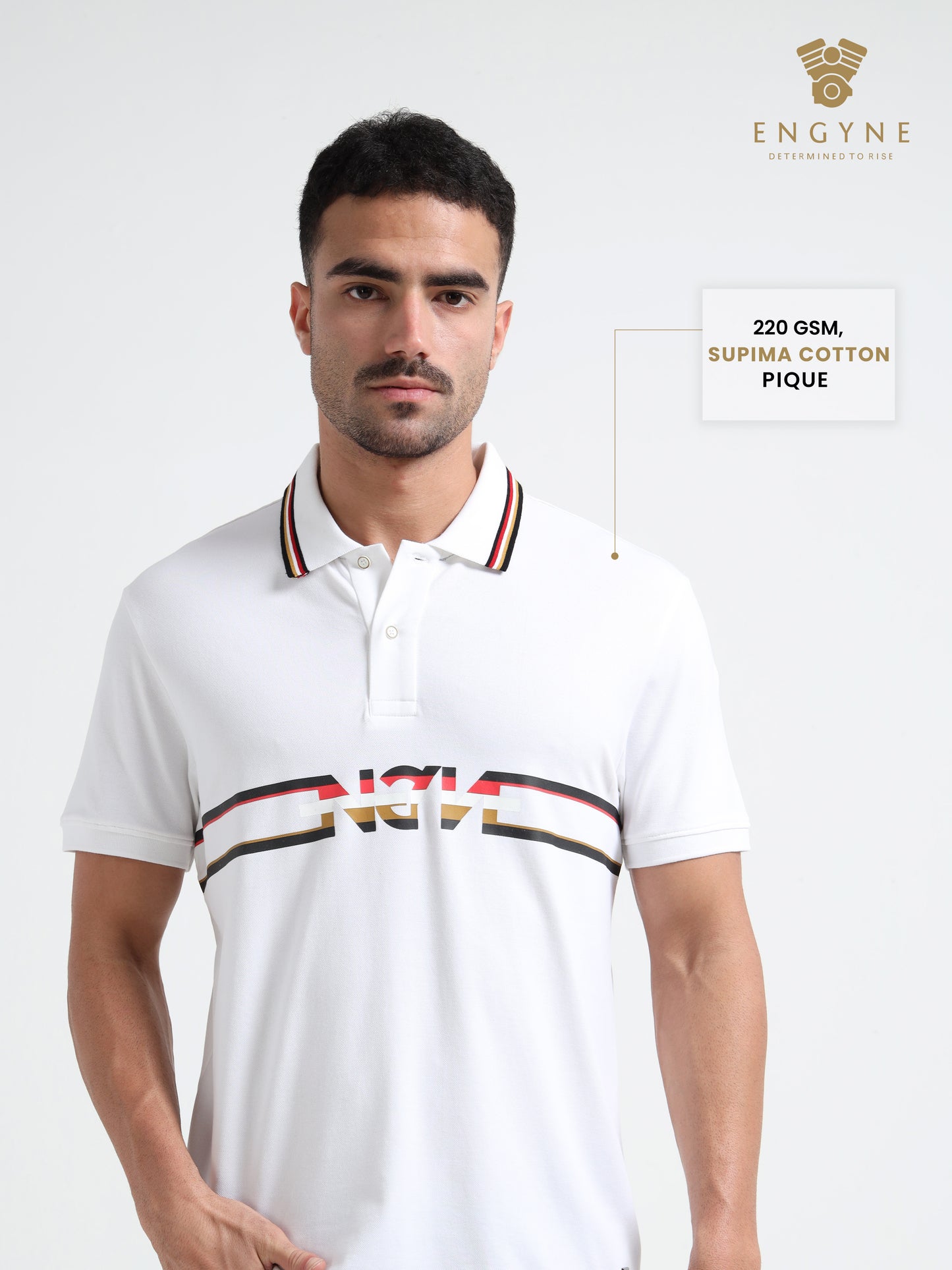 Engyne Supima Cotton Lycra Pique Polo – Signature Flag Tipped with Sticker Print White