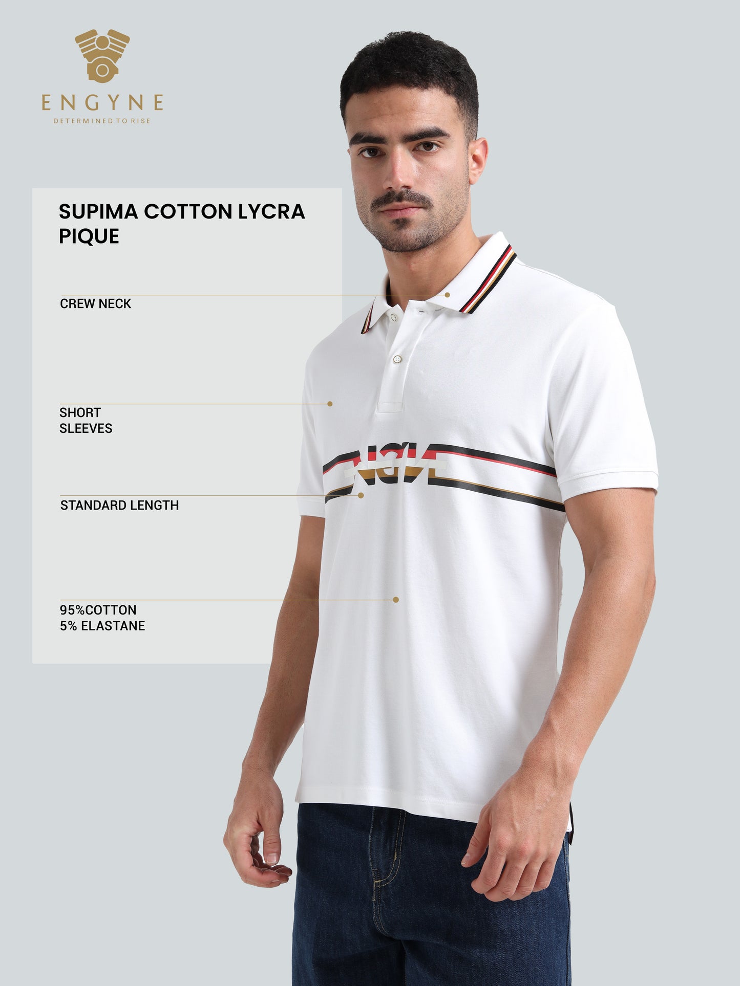 Engyne Supima Cotton Lycra Pique Polo – Signature Flag Tipped with Sticker Print White