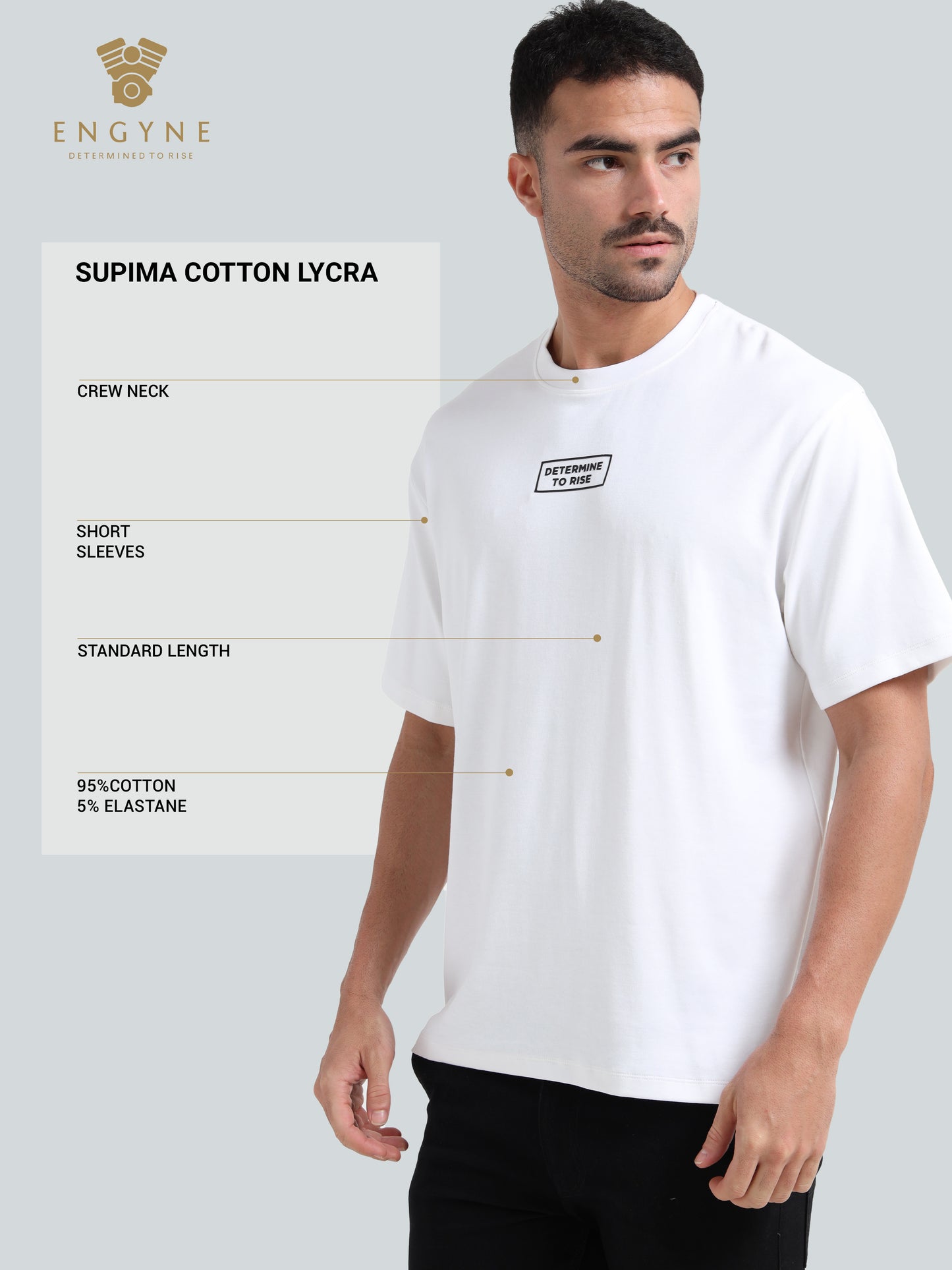 Oversize Determised to Rise Engyne T-Shirt in Supima Cotton Lycra HD print at Front and Pigment Print at Back White