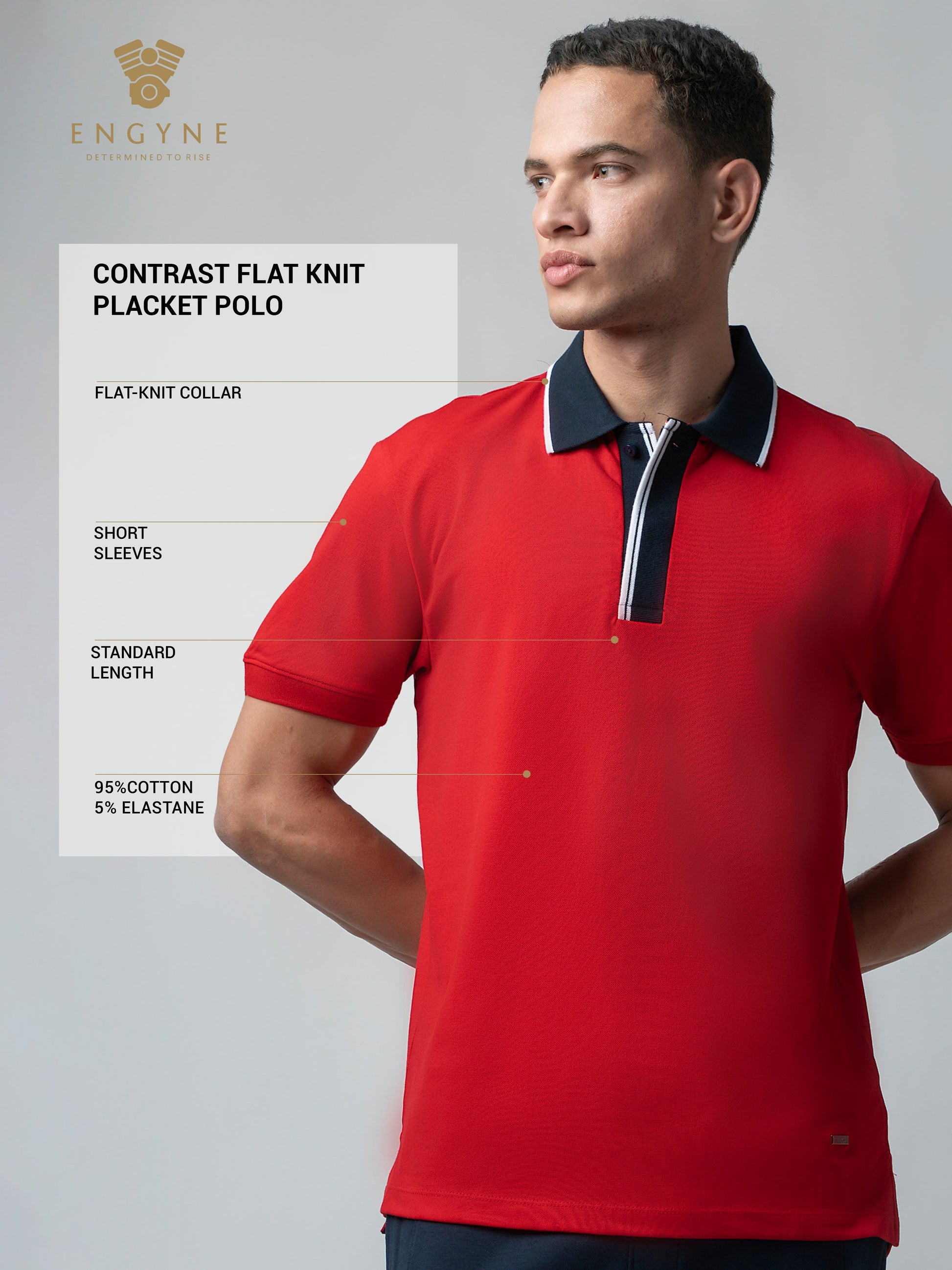 Rougen Cotton Flat Knit Placket and Tipped Collar Red Polo for Men