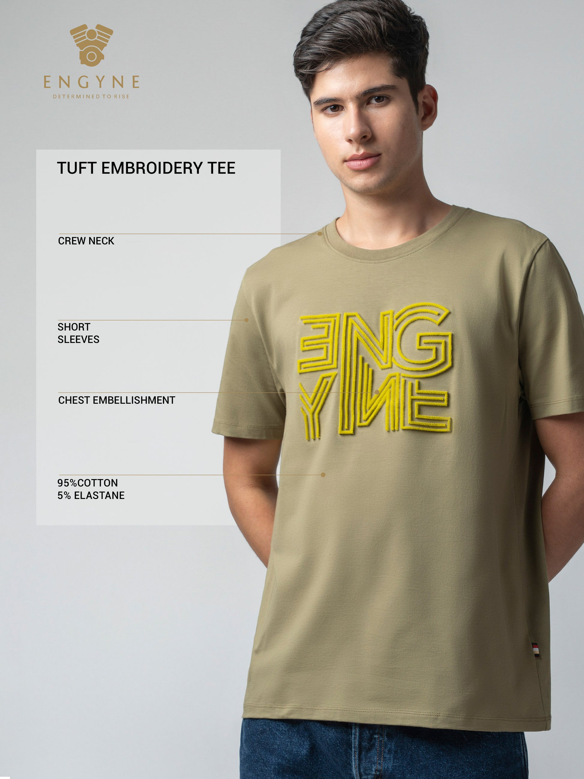 Supima Cotton Lycra Tuft Embroidery Light Olive T Shirt