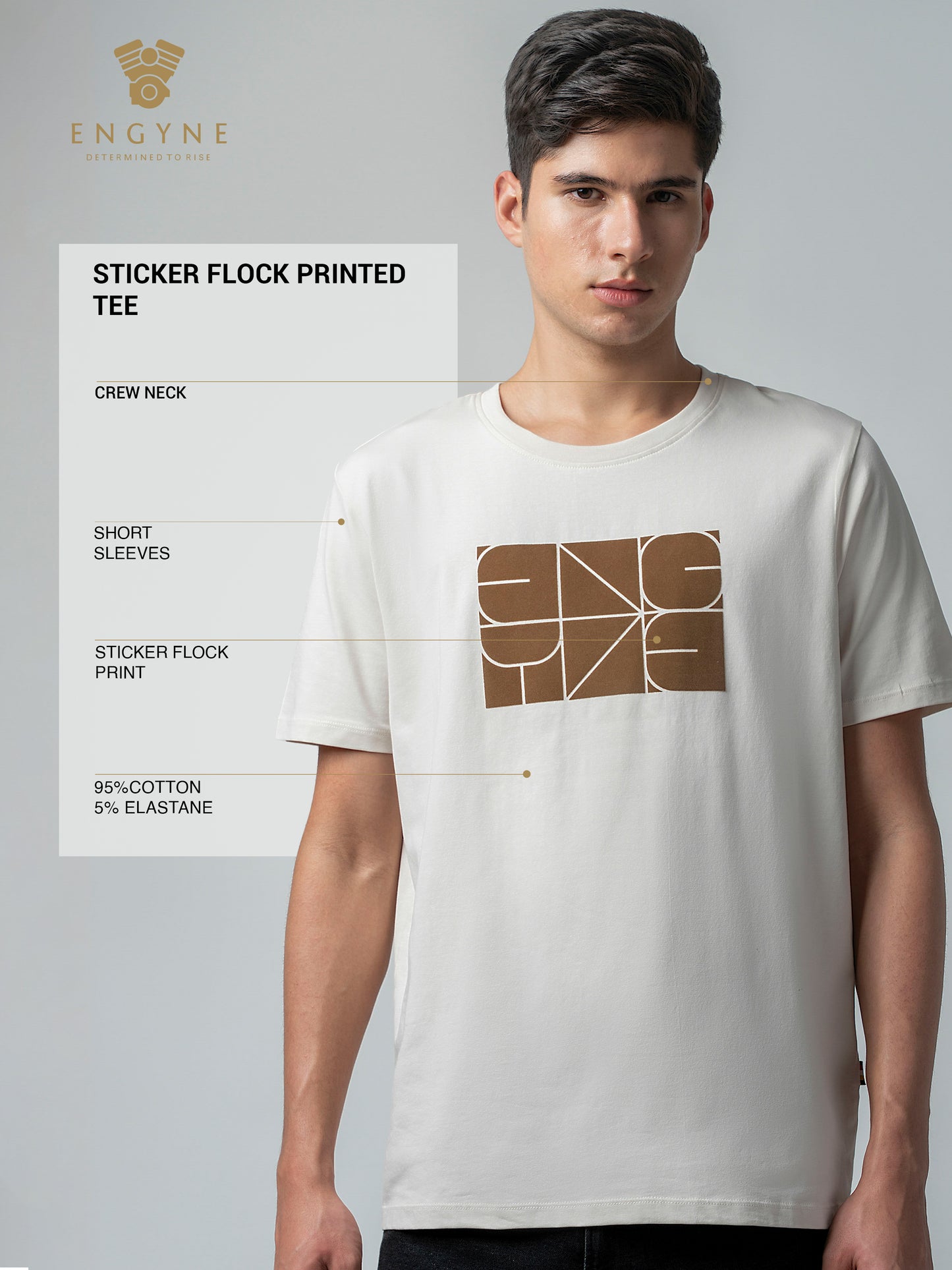 Rougen Cotton Lycra with Sticker Flock Print Beige T-shirt