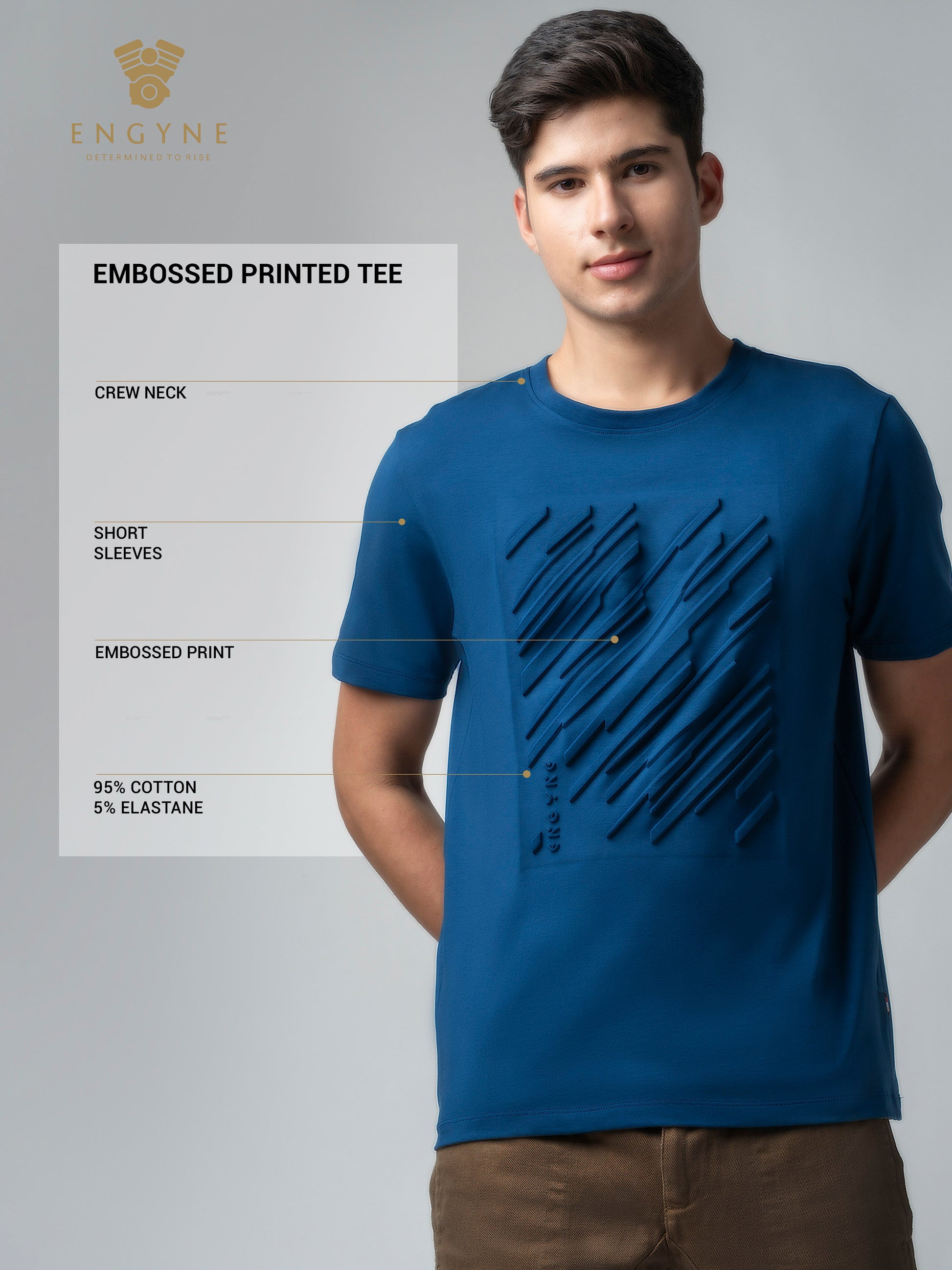 Rougen Cotton Lycra Embossed Dark Blue T Shirt For Men