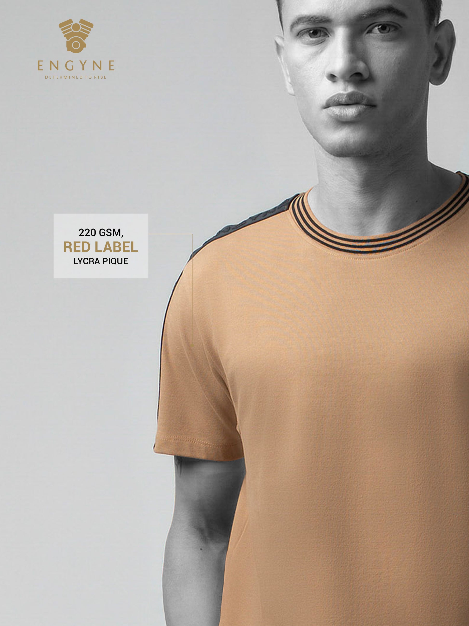 Rougen Cotton Lycra Woven Shoulder Tape Khaki T Shirt For Men