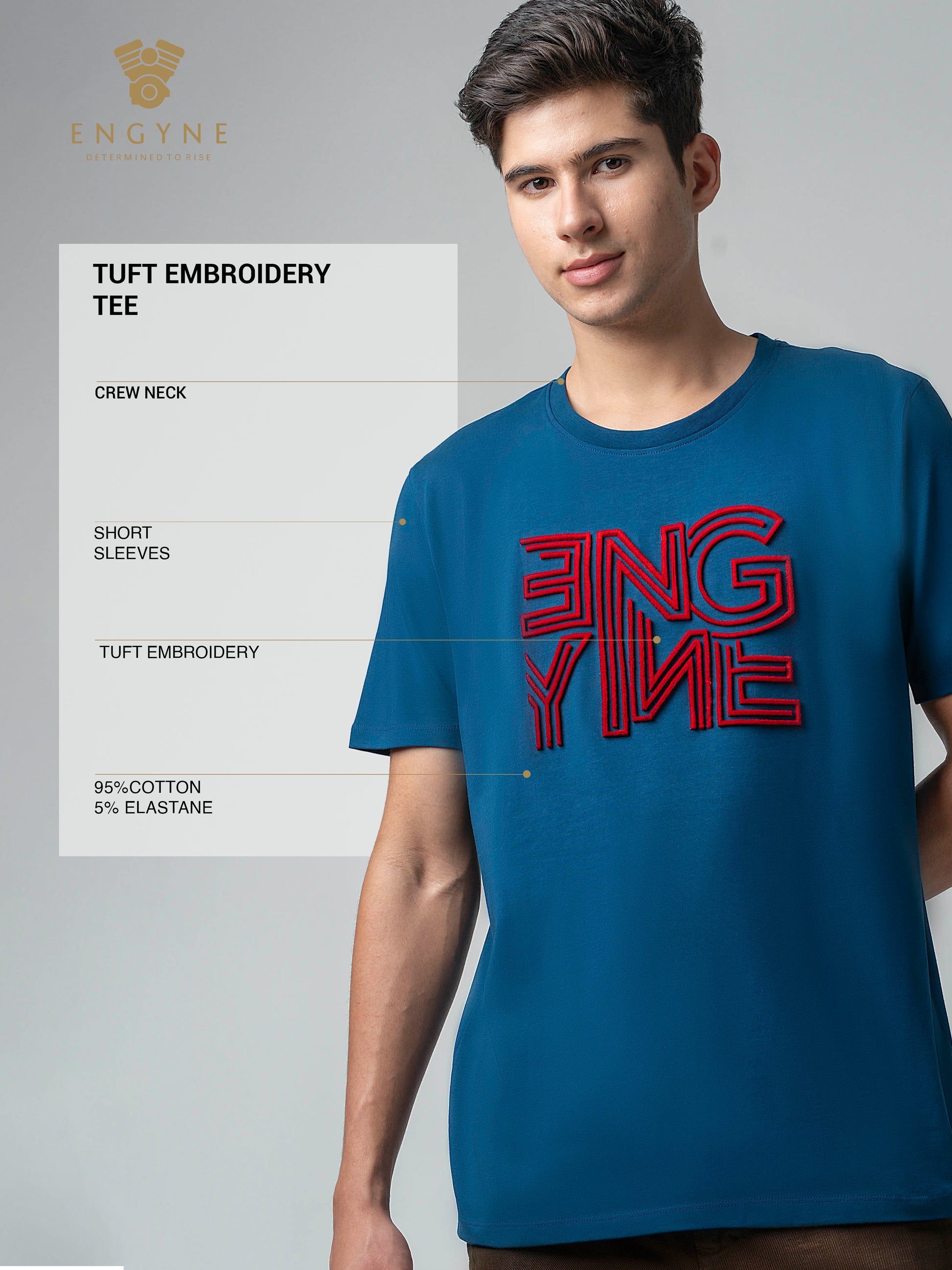 Supima Cotton Lycra Tuft Embroidery Teal T Shirt Mens