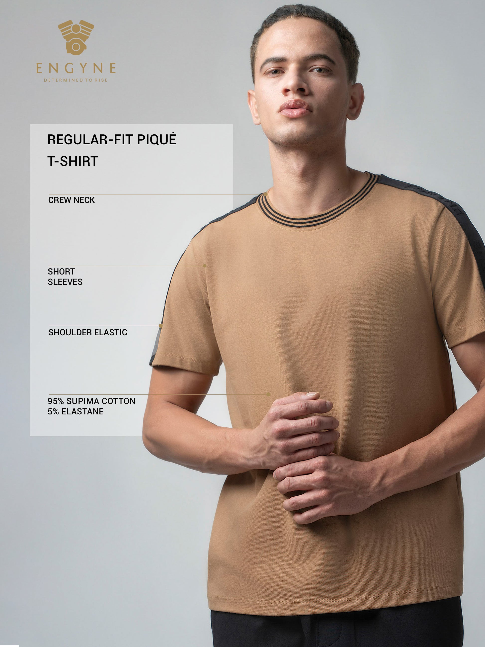 Rougen Cotton Lycra Woven Shoulder Tape Khaki T Shirt For Men