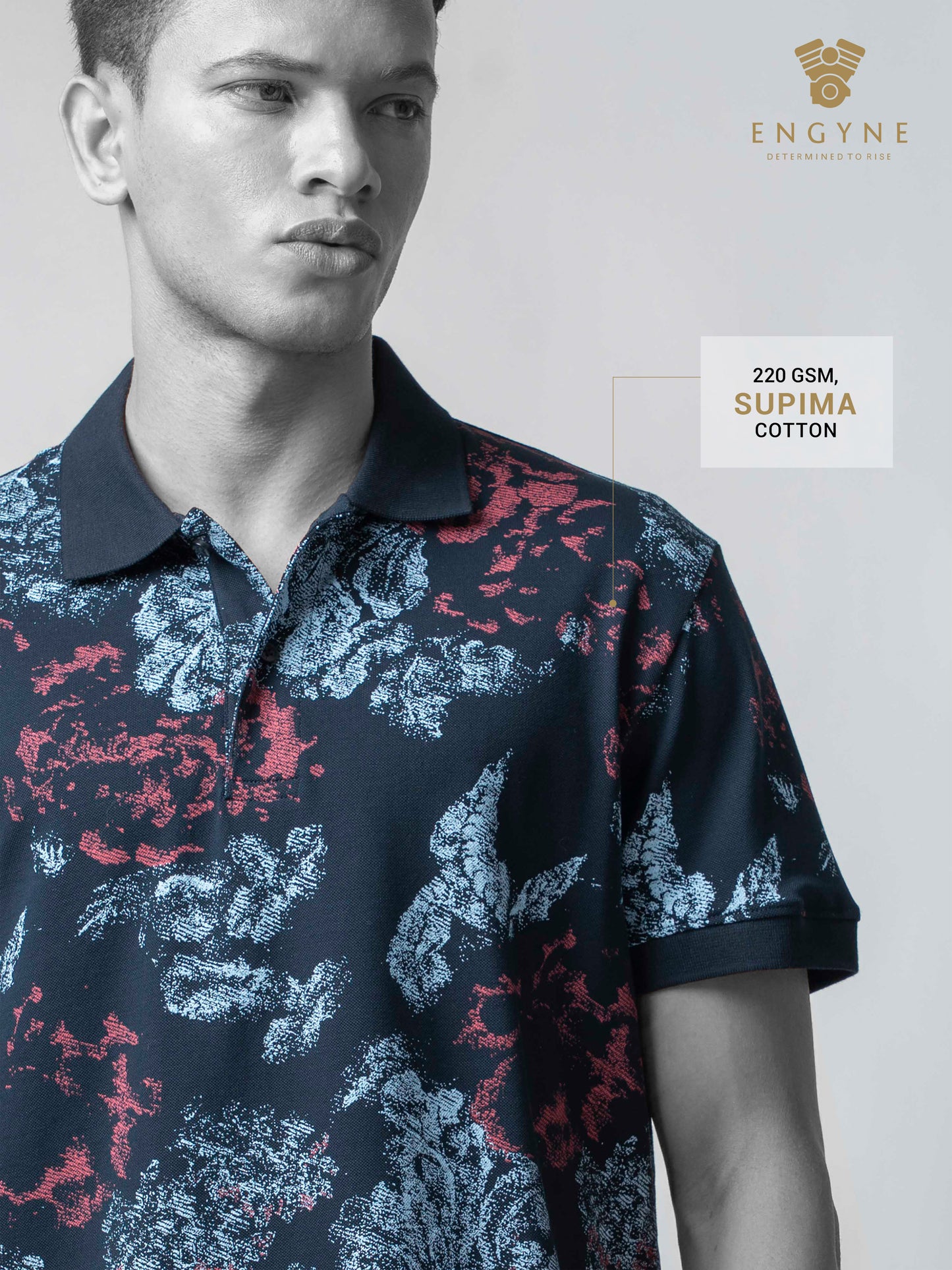 Supima Cotton Lycra with Rotary All-Over Print and DTM Collar Navy Polo