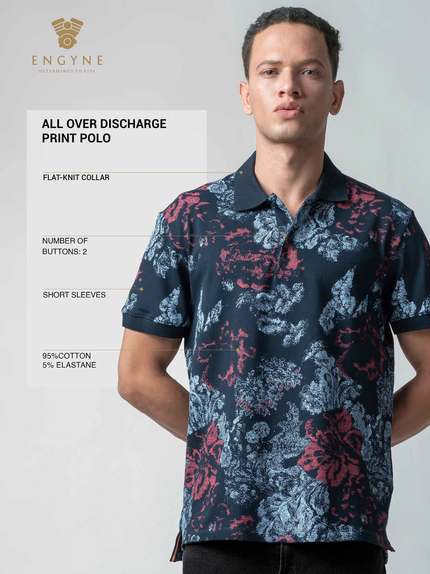 Supima Cotton Lycra with Rotary All-Over Print and DTM Collar Navy Polo