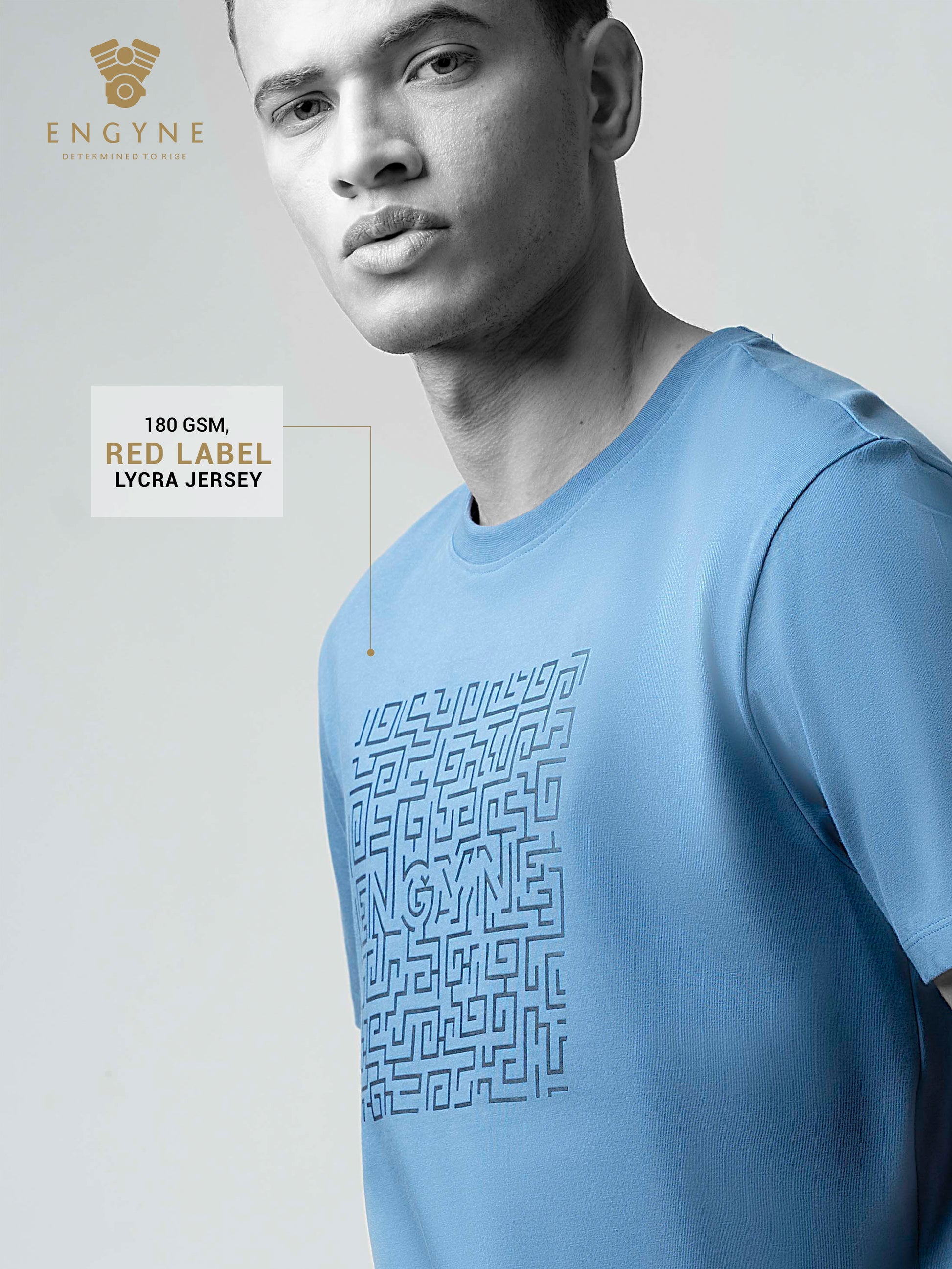 Rougen Cotton Lycra Light Gasoline Chest Print T Shirt For Men