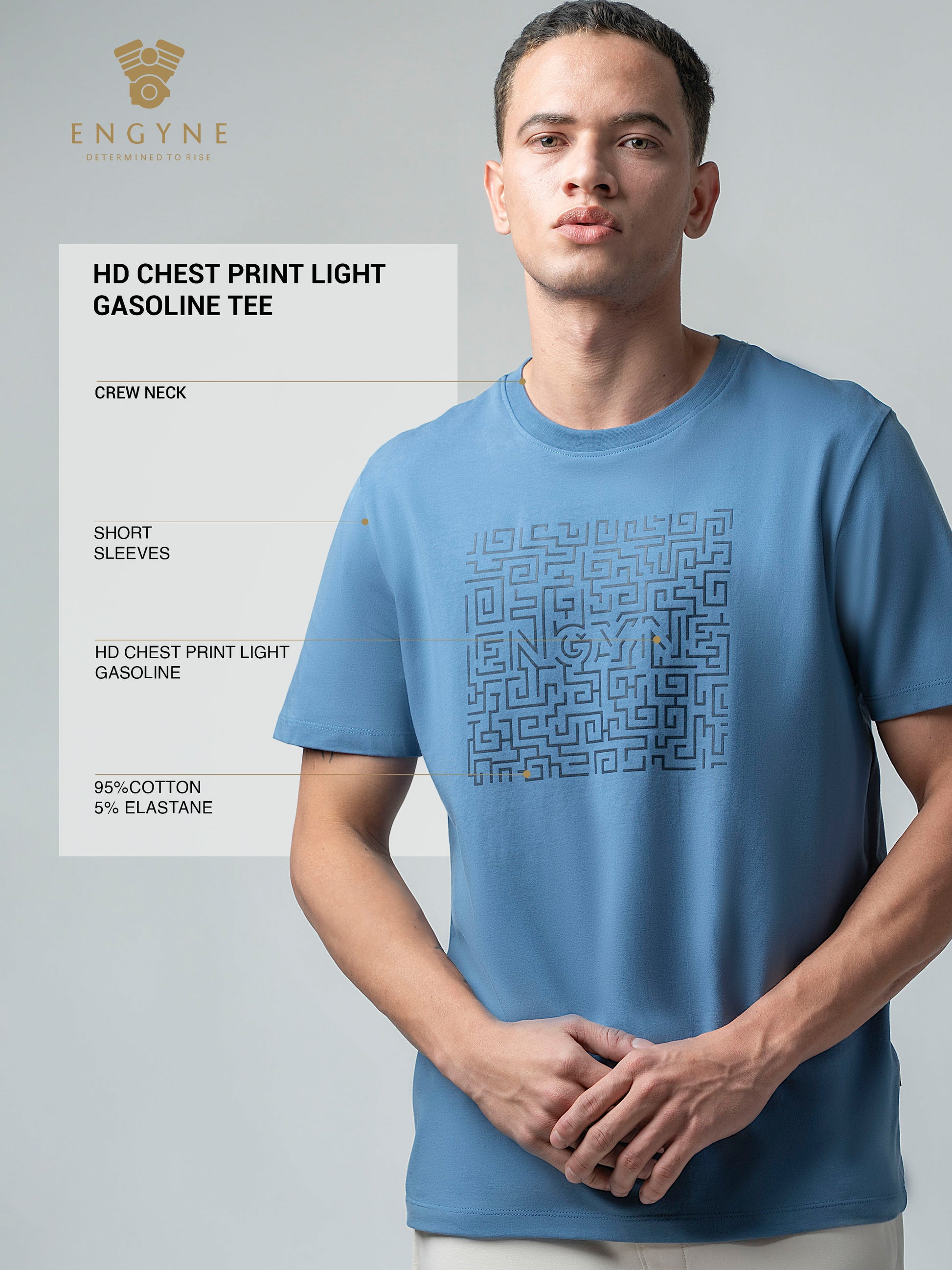 Rougen Cotton Lycra Light Gasoline Chest Print T Shirt For Men