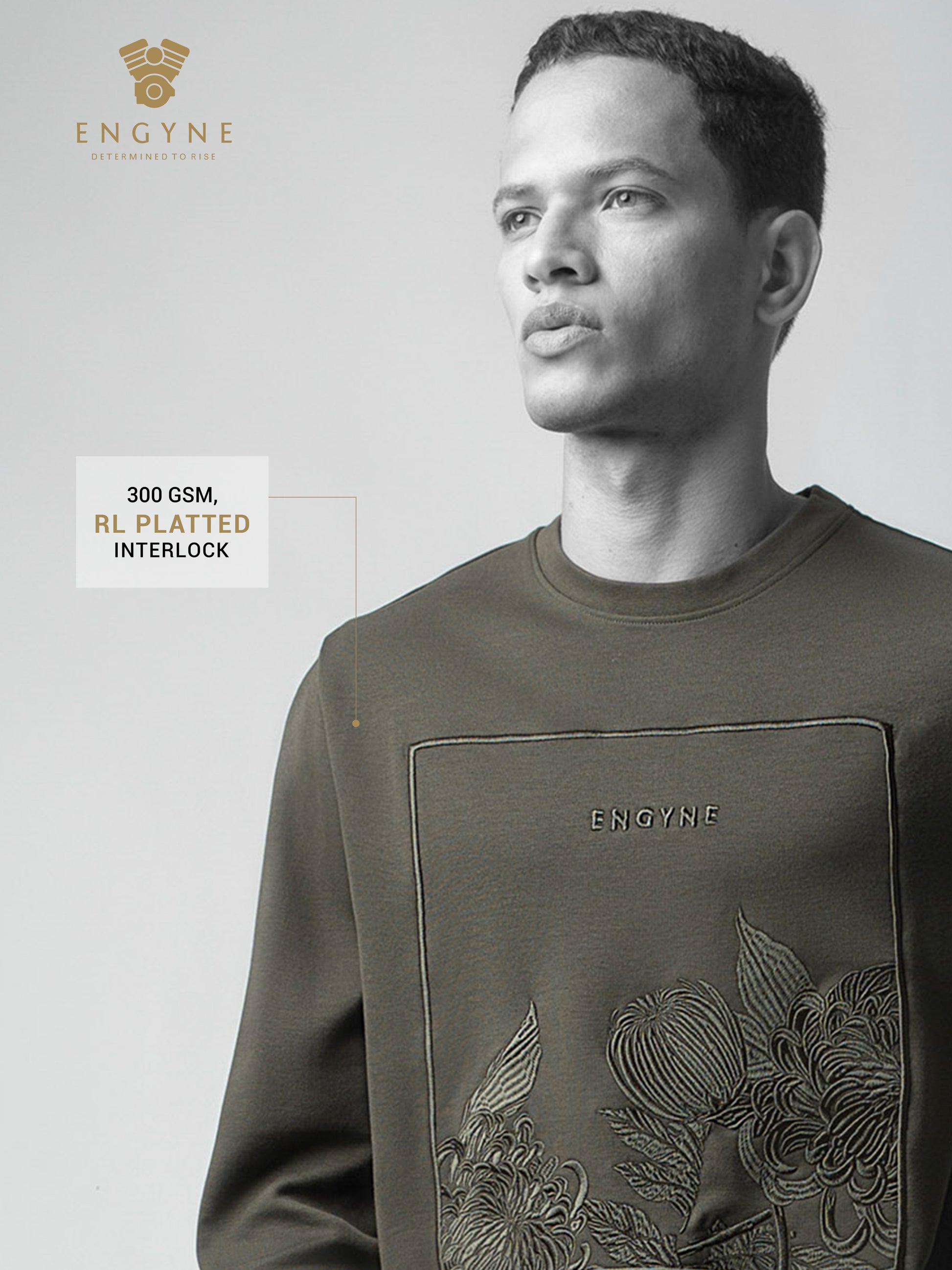 Olive Green Sweatshirt with Floral Chest Embroidery for Men 
